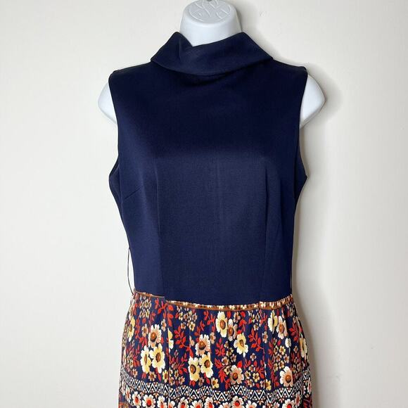 Vintage Womens Maxi Dress 60s/70s Mock Neck Collar Floral Navy Blue Orange Small - Picture 3 of 6